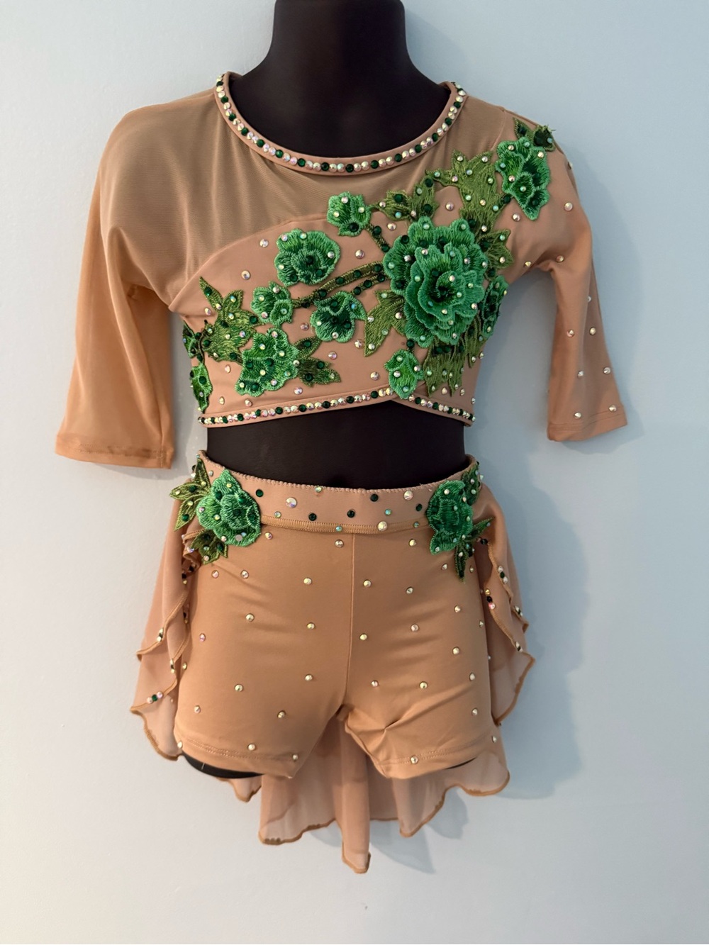 Child XS Rhinestone Lyrical Dance Costume, Green Leaf Appliqués